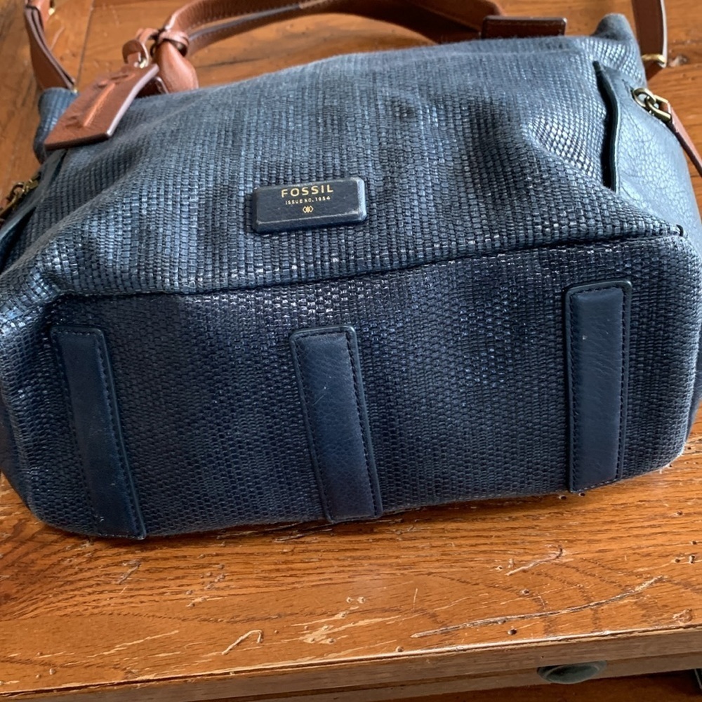 Fossil Emerson Satchel Purse Navy Blue Straw Leather Trim & Straps Crossbody Bag - Picture 6 of 14